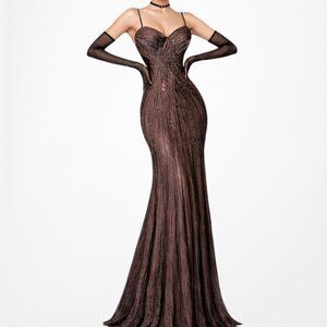 Vintage Y2K 90s Brown Silk Beaded Satin Fit Flared Maxi Formal Prom Dress Size S